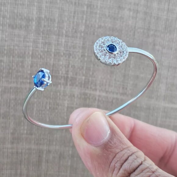 925 Sterling Silver Bracelet Blue Faux Stone Crystal Accent Cuff Wrist Band New - Picture 9 of 12